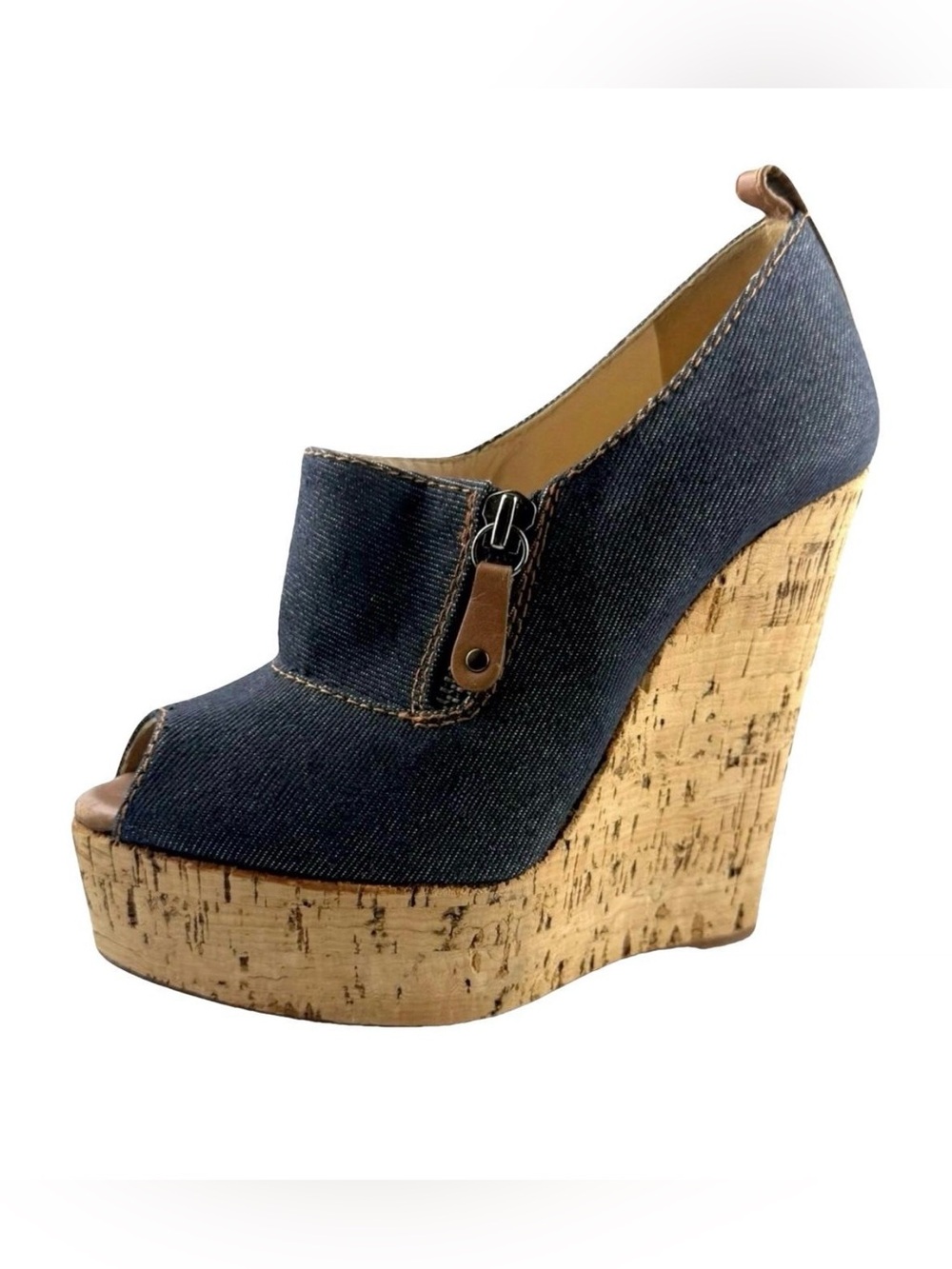 Christian Louboutin Denim Cork Wedge Peep-Toe Heels – Size 35.5